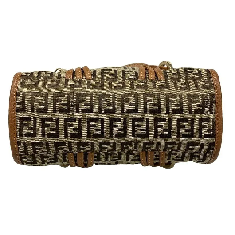 Fendi Zucchino Tote Bag 8BH170 Dark Brown Beige Brown Jacquard Leather Women's